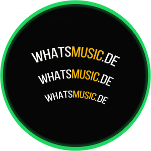 The image shows the logo of WhatsMusic.de, a music-related website. The logo features the website's name "WHATSMUSIC.DE" repeated three times in a curved design, with the word "MUSIC" highlighted in yellow while the rest of the text is in white. The background is black, and the logo is enclosed in a green circular border.