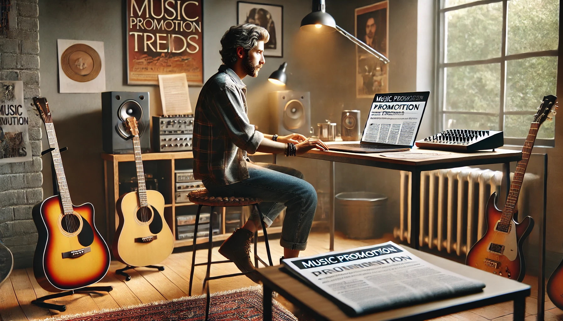 It shows a musician learning new promotion trends from a newsletter on a laptop, surrounded by a musical environment.