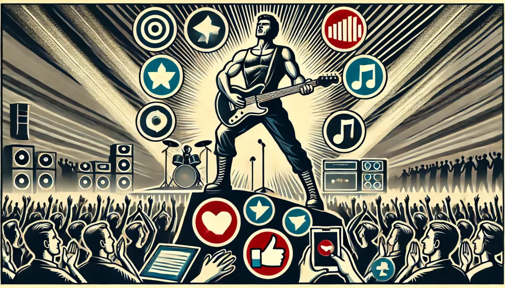The image portrays a musician in a heroic pose, surrounded by bold, stylized icons representing music blogs, such as laptops, mobile phones, and social media symbols. The musician is shown receiving positive attention and feedback, symbolized by exaggerated likes, shares, and comments icons. The background features a concert stage with cheering fans, using a limited color palette and strong, dynamic lines to highlight the dramatic and influential role of music blogs in an artist's success.