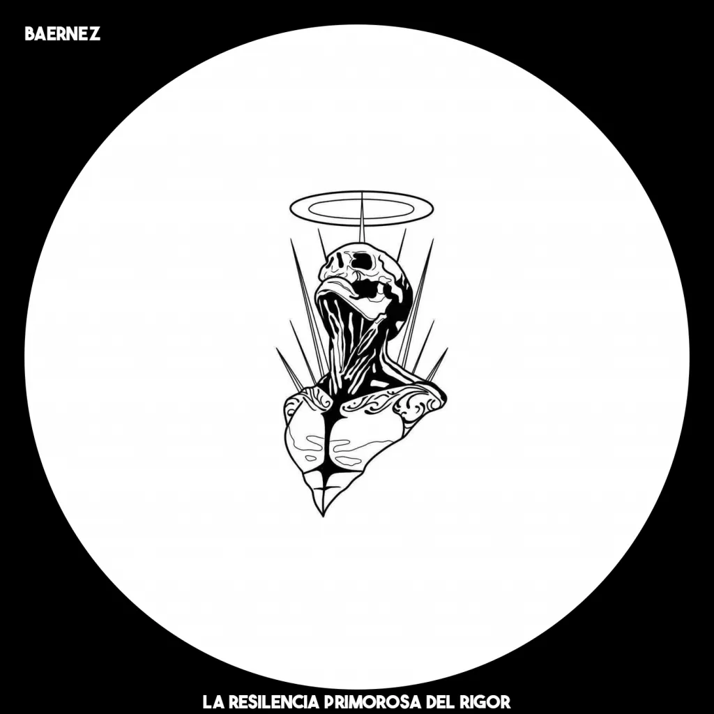 Album cover of 'La Resilencia Primorosa Del Rigor - Radio Mix' by Baernez featuring abstract black and white artwork with a stylized skull and halo.