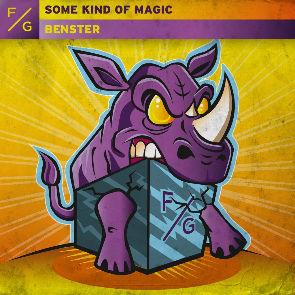 Album cover of 'Some Kind Of Magic' by Benster featuring a cartoon purple rhinoceros emerging from a cracked box with bright yellow and orange background.