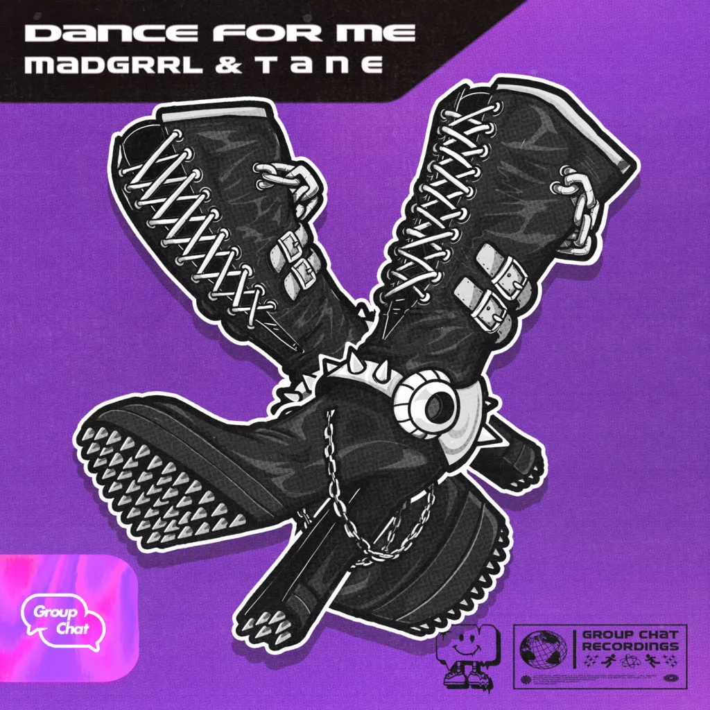 Album cover of "Dance For Me" by MADGRRL & T A N E featuring black combat boots crossed in an 'X' shape on a purple background.