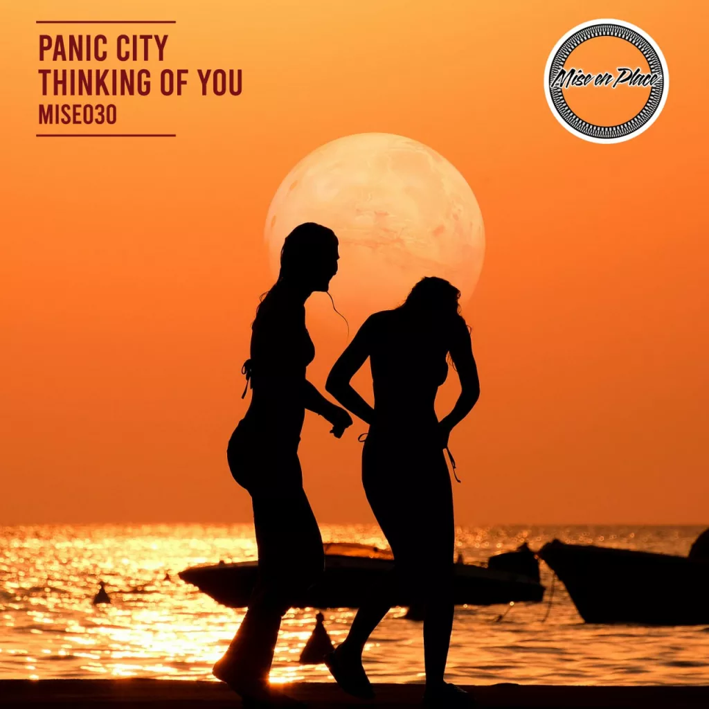 Album cover of 'Thinking of You' by Panic City featuring two silhouetted figures dancing on the beach at sunset with an orange sky and a full moon rising.