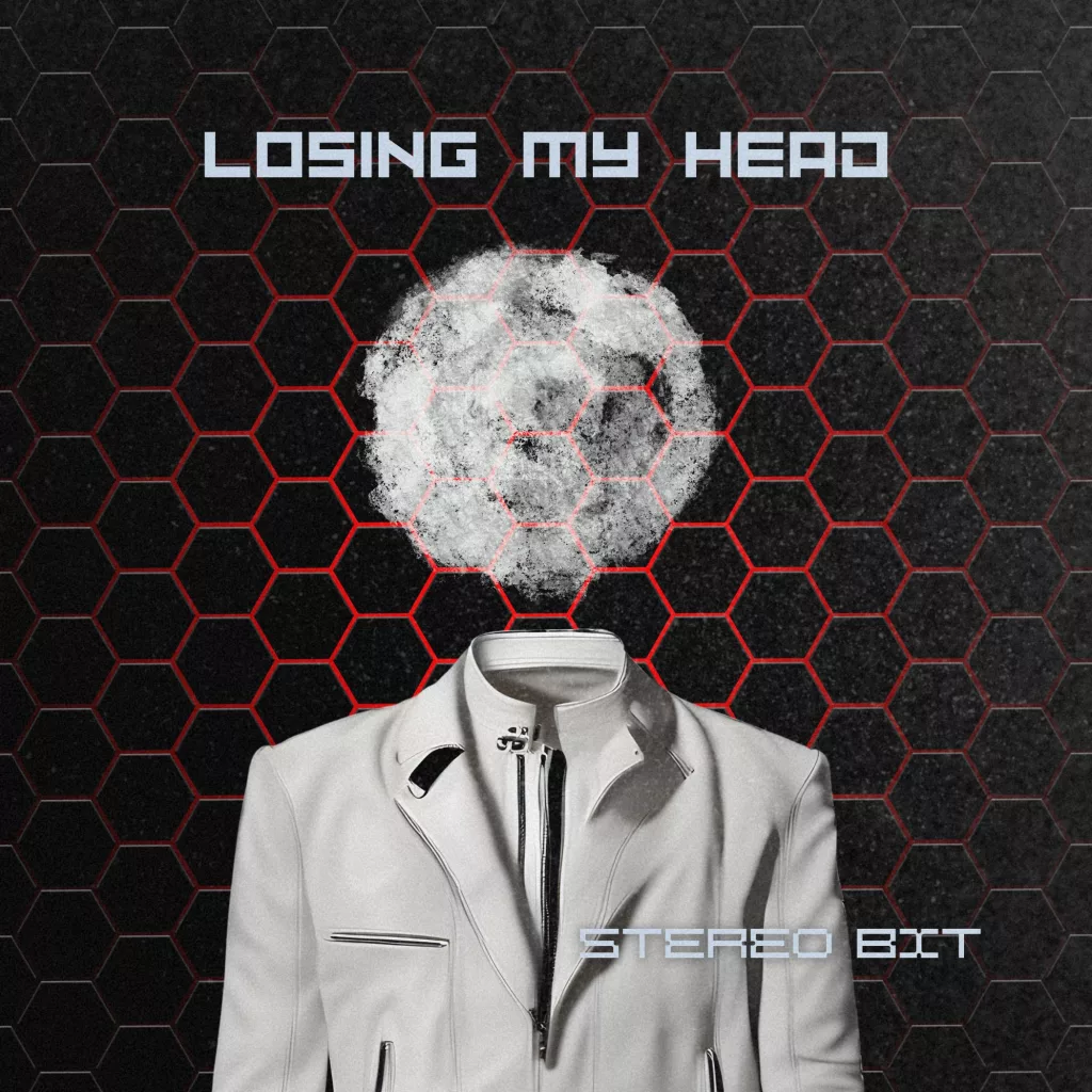 Album cover of 'Losing My Head' by Stereo Bit featuring a headless figure in a white jacket with a smoke-like cloud representing the head against a hexagonal backdrop.
