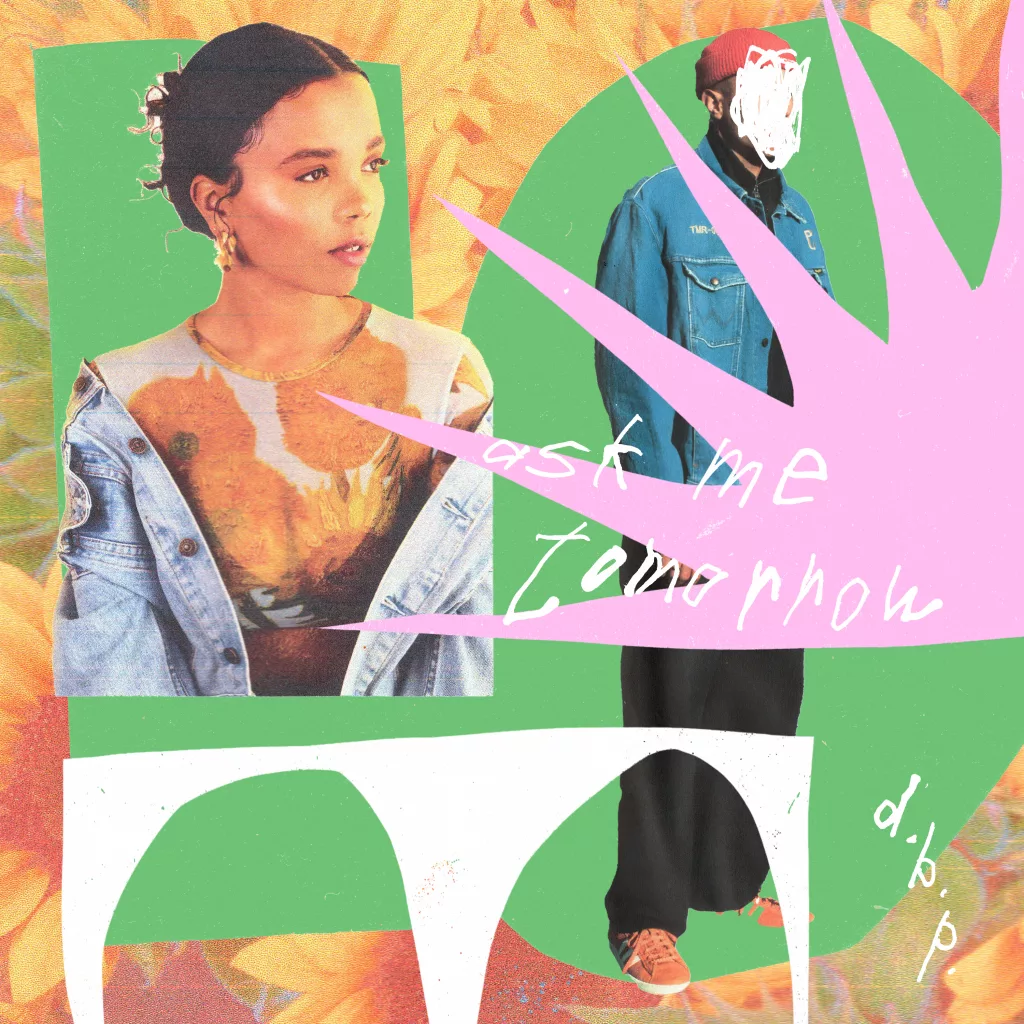 A vibrant, artistic collage featuring rising music sensation deathbypeanuts and the soulful vocals of Noraa, promoting their latest single, "Ask Me Tomorrow." The image combines bright colors and eclectic elements, with a blend of textures and shapes. Noraa is pictured on the left, wearing a denim jacket and a patterned top, exuding a confident and stylish aura. The right side features deathbypeanuts, partially obscured with artistic scribbles over the face, adding a mysterious and edgy vibe. The words "ask me tomorrow" are prominently displayed in the center, accompanied by a playful mix of green, pink, and yellow hues, reflecting the track's sexy, chilled, and romantic vibe.