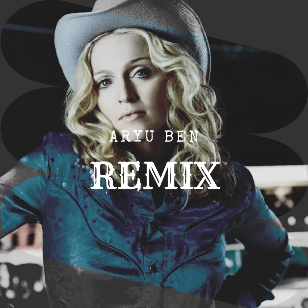Cover art for Aryu Ben's Tech House Remix of Madonna's 'Music,' featuring Madonna in a cowboy hat and a stylish denim jacket, with a modern and edgy design.