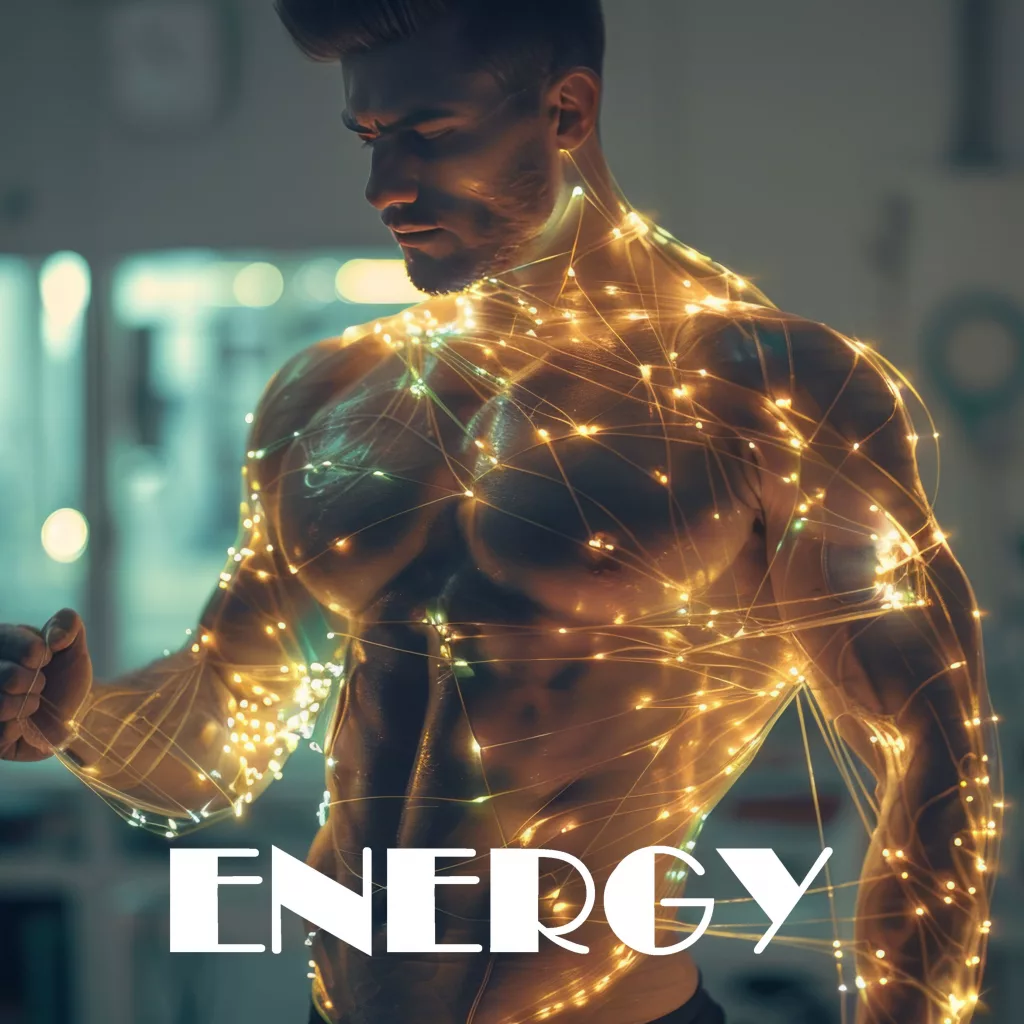 Album cover of 'Energy' by Brinol featuring a muscular man with glowing neural-like lines across his body, symbolizing energy and power.