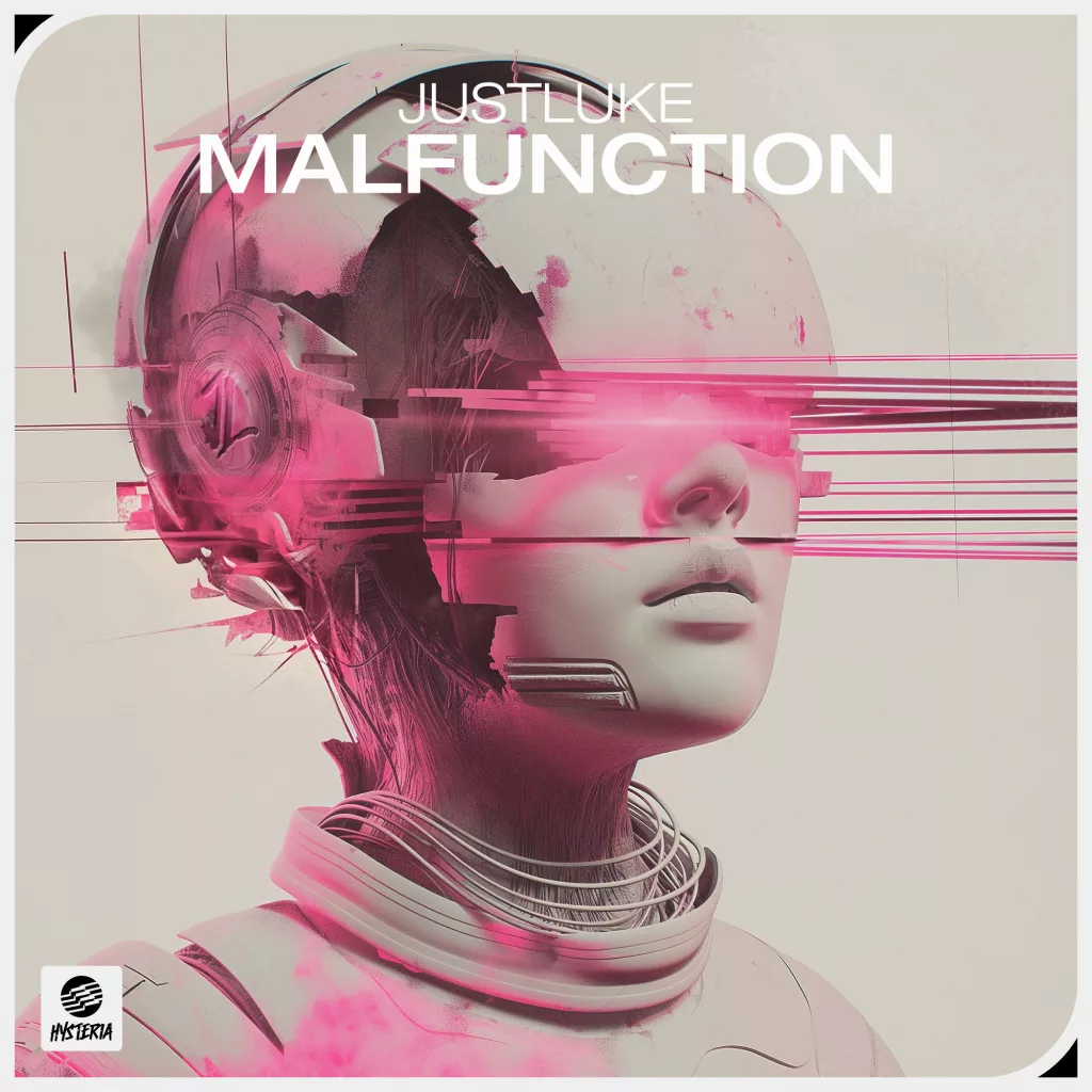 Album cover for JustLuke's single 'Malfunction' featuring a futuristic digital artwork of a human face partially obscured by pink glitch effects, with a cybernetic design.