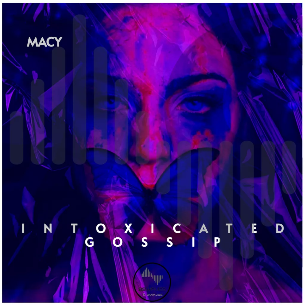 Abstract album cover for "Intoxicated Gossip" by Macy, featuring a blue and pink-toned face with butterfly wings.