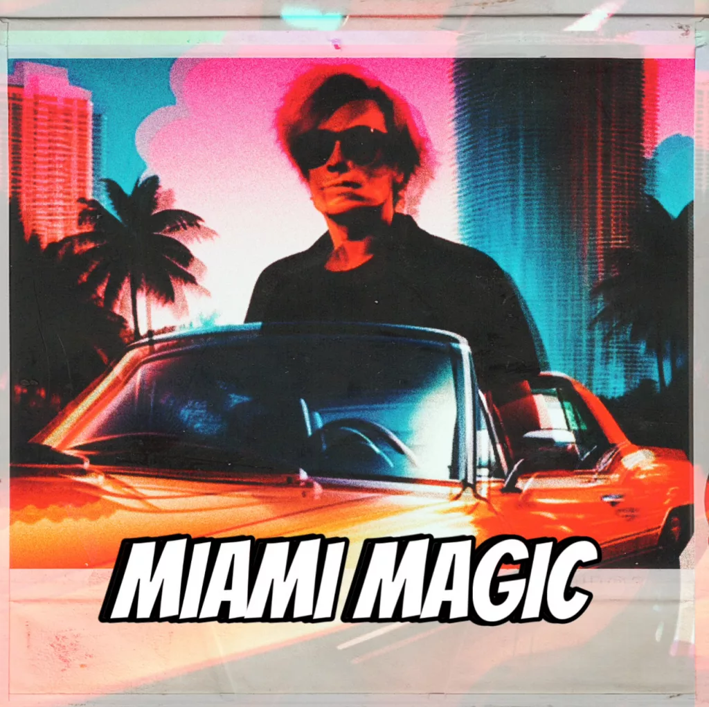A retro-styled album cover for "Miami Magic" by NEDAL and Xawery Pietraszko. The image features a cool-toned, stylized man in sunglasses, standing beside a classic convertible car with a vibrant cityscape and palm trees in the background.