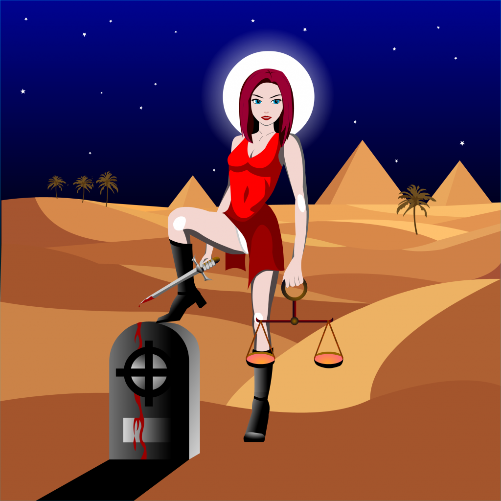 Album cover illustration for "My Possession" by the Moonblooded, featuring a woman in a red dress with a halo, standing in a desert with pyramids and palm trees, holding a sword and a balance scale.