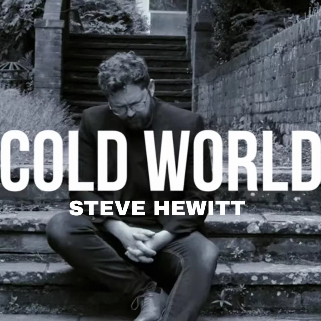 Steve Hewitt sitting on a staircase, featuring the cover art for his single Cold World from the album Never Two Days The Same.