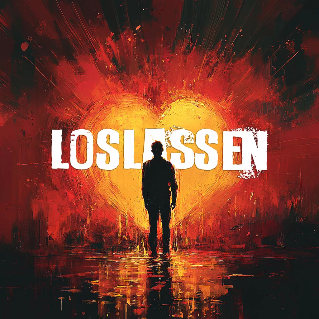 Silhouette of a person in front of a glowing, fiery red heart with the word 'Loslassen'