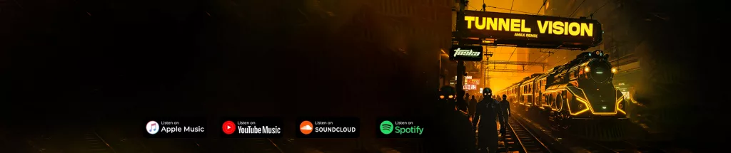 Futuristic neon-lit train station with glowing yellow “Tunnel Vision (AMAX Remix)” sign, promoting a high-energy electronic music release by AMAX and Toska.