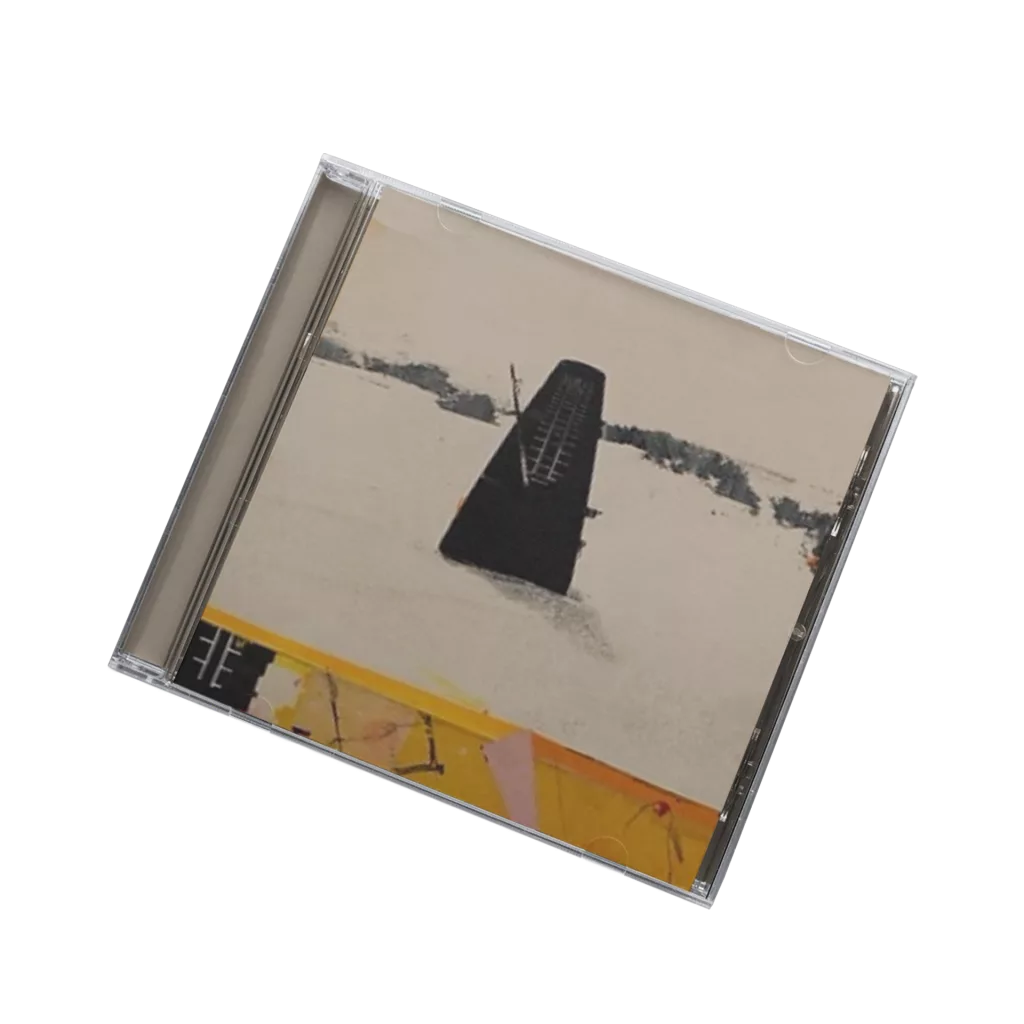 Abstract album cover by Intaktlos with a black metronome in a wintry landscape and colorful graphic elements