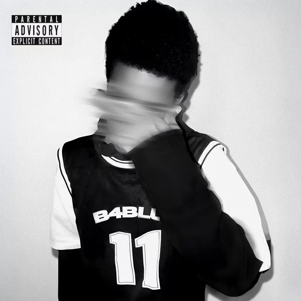 A high-contrast black and white album cover featuring Swavii Blue wearing a basketball-style jersey with "B4BLUE" and the number "11" on it. His face is partially blurred, creating a striking visual effect. A "Parental Advisory" label is placed in the top left corner.