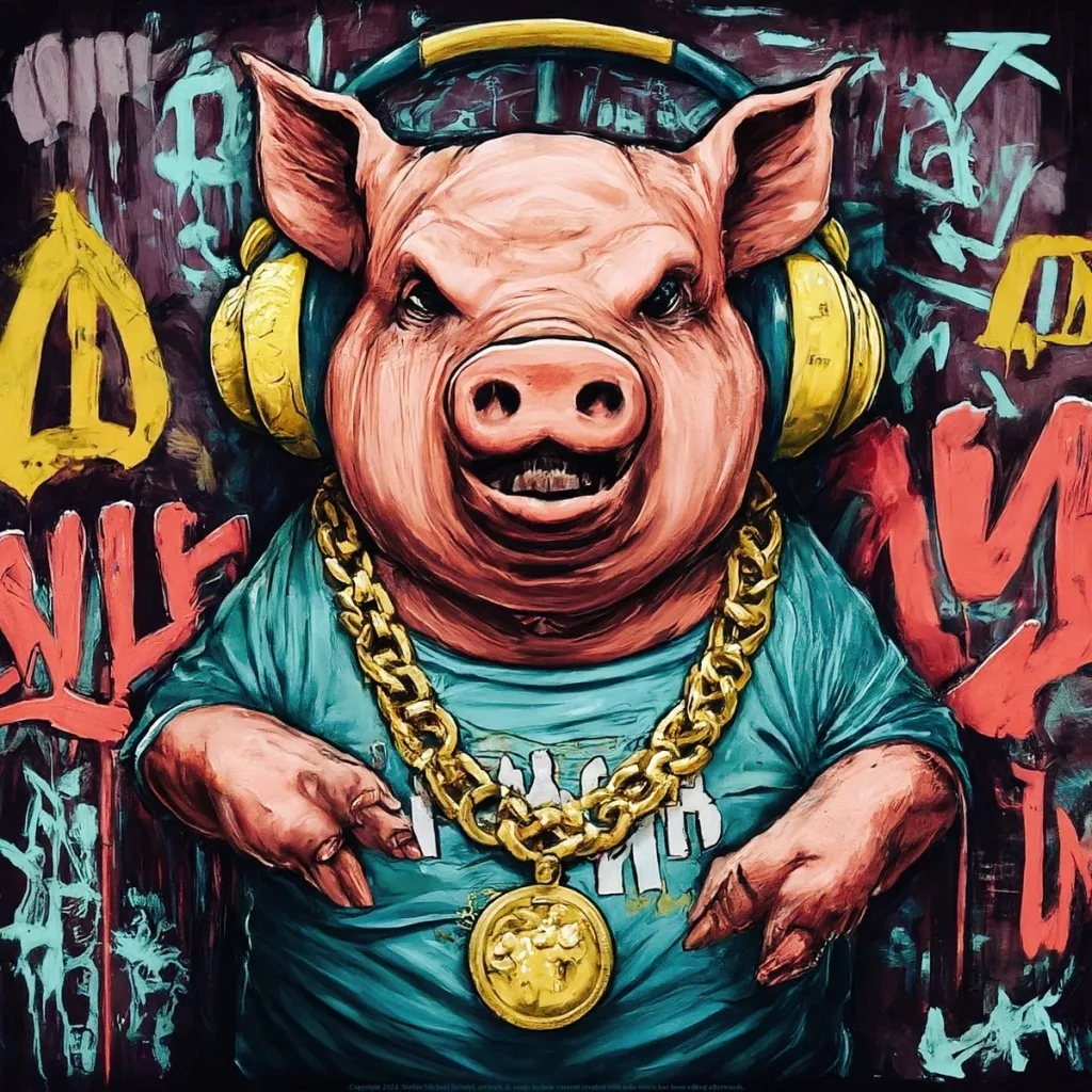 Cartoon-style pig wearing headphones, gold chain, and graffiti background, symbolizing the fictional rapper Pretorius P.I.G.