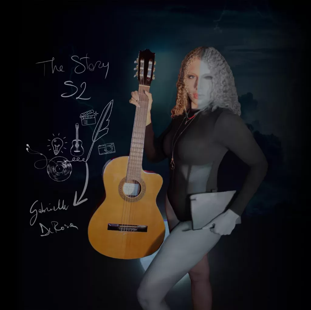 Gabrielle DeRosa stands against a dark, moody background holding an acoustic guitar, with illustrated elements and the text âThe Story S2â displayed, symbolizing her conceptual folk-pop, country, and Celtic-influenced album.