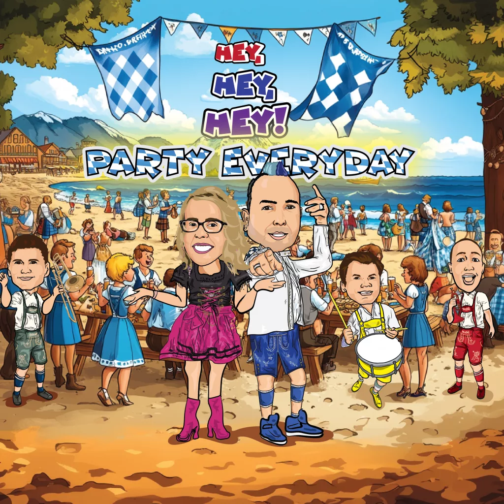 Cartoon illustration of DDFK Oompah Band celebrating Oktoberfest for their single 'Hey Hey Hey - Party Everyday