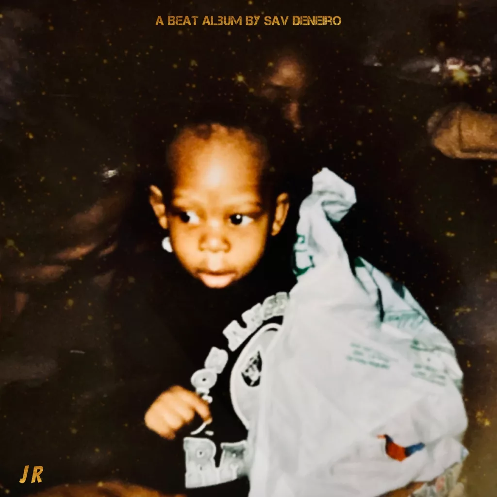 Album cover of J.R. by Sav Deneiro featuring a vintage-style photograph of a young child holding a plastic bag, with a grainy, nostalgic aesthetic and warm tones.