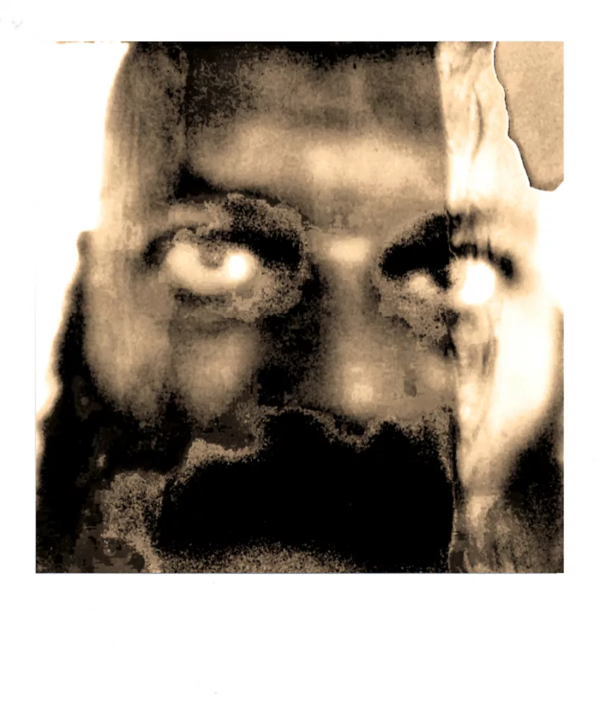 Abstract, high-contrast sepia-toned image of Jorge Natalin's face, partially obscured and artistically distorted, giving a mysterious and surreal appearance.